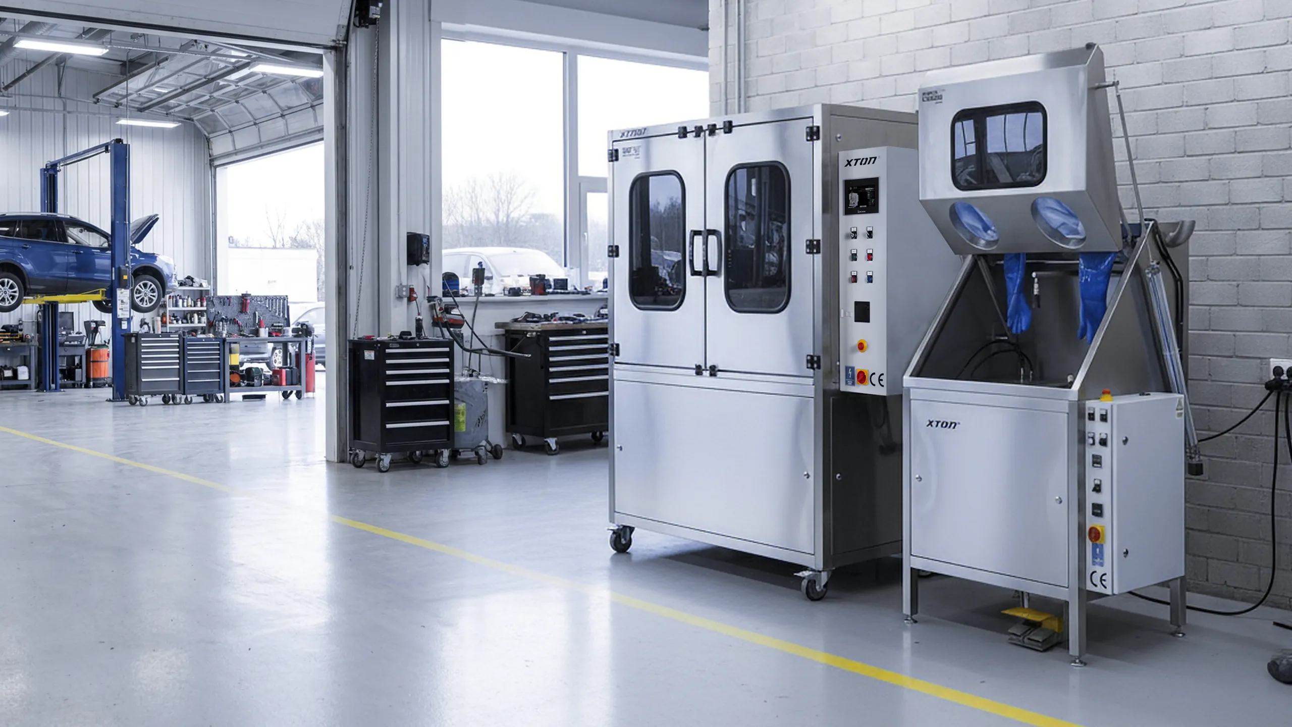 Macchine XTON per il lavaggio dei componenti e la sabbiatura in un'officina auto